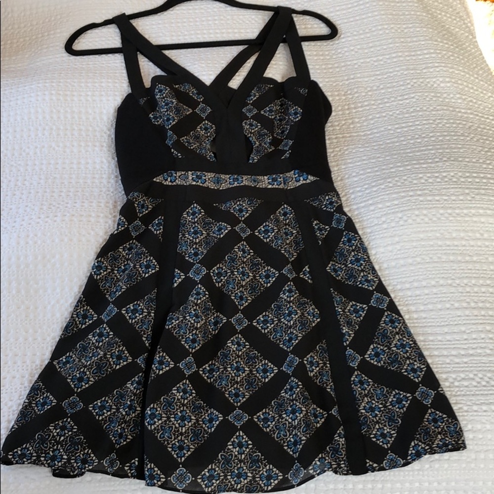 BCBG Max Azria black and blue printed mini dress